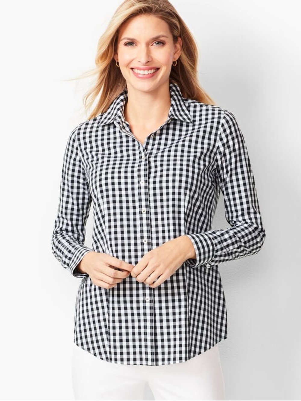 TALBOTS | Non-Iron Black White Gingham Vichy Button Shirt Blouse| Minimalism| 2P